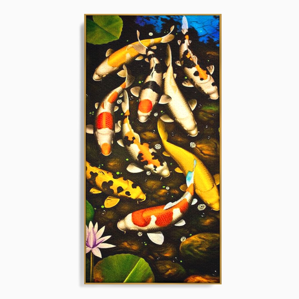Tablou Canvas Premium, LuxCanva® M1420, Un Iaz Norocos, Pesti, Koi, Apa, Abundenta, Multicolor, Nuferi, Zen, Pietre, Natura, Armonie, Birou, Living, Camera Copil