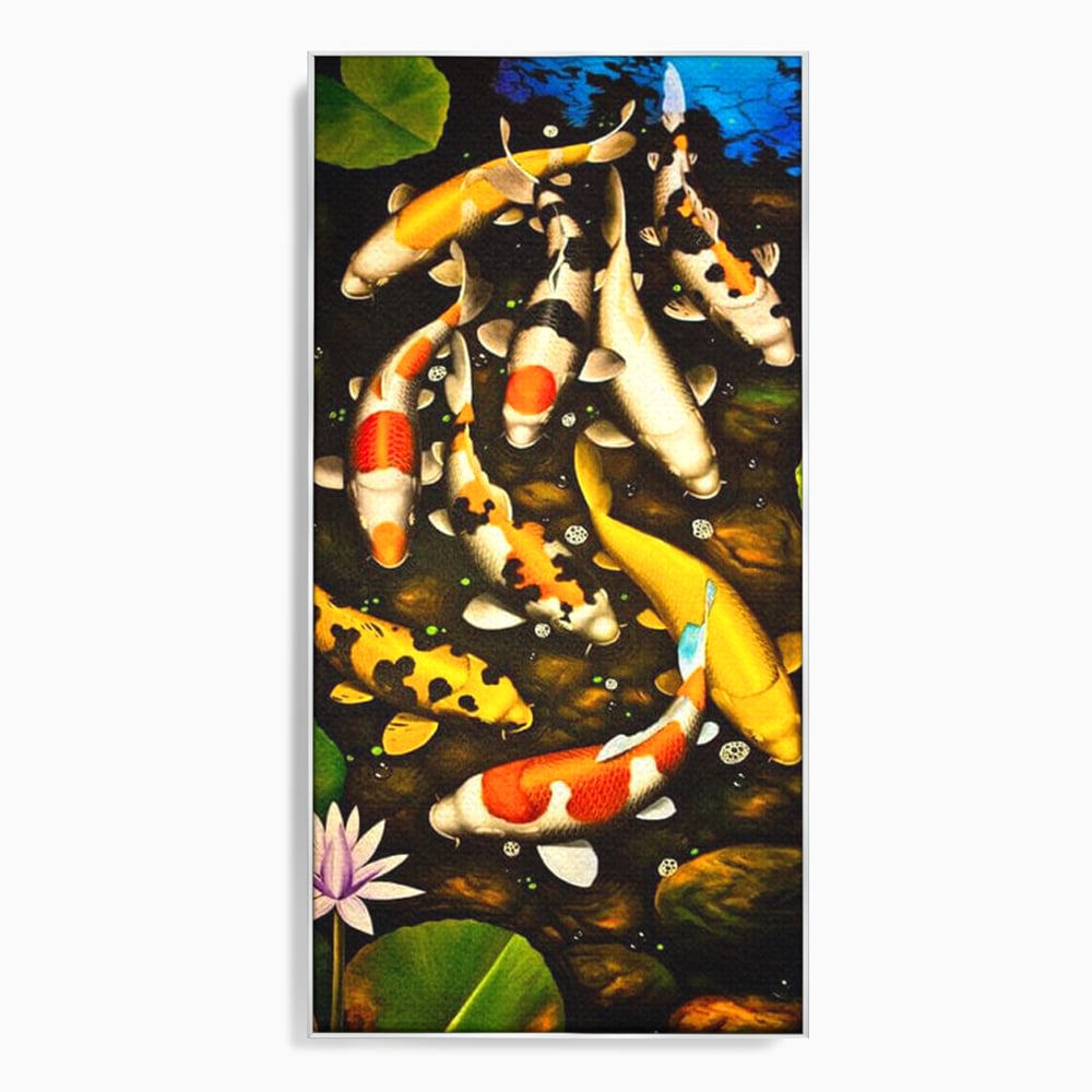 Tablou Canvas Premium, LuxCanva® M1420, Un Iaz Norocos, Pesti, Koi, Apa, Abundenta, Multicolor, Nuferi, Zen, Pietre, Natura, Armonie, Birou, Living, Camera Copil
