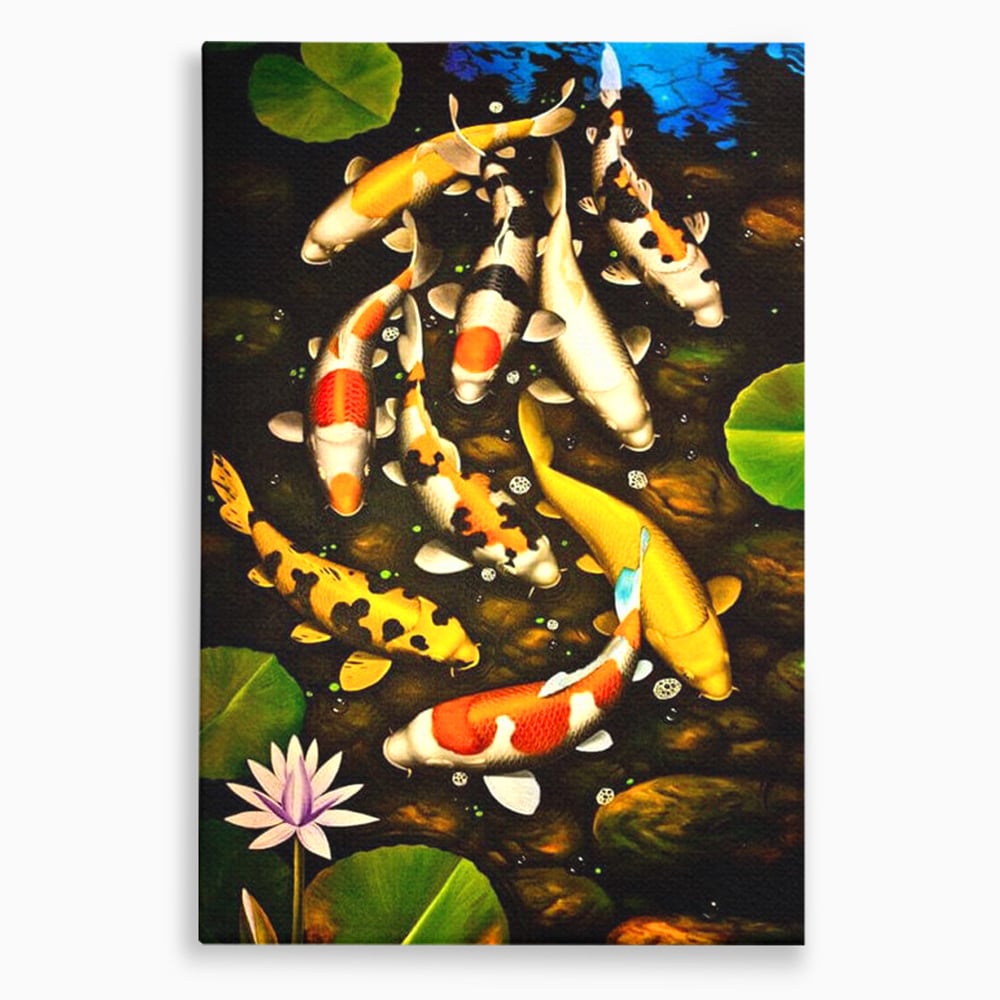 Tablou Canvas Premium, LuxCanva® M1420, Un Iaz Norocos, Pesti, Koi, Apa, Abundenta, Multicolor, Nuferi, Zen, Pietre, Natura, Armonie, Birou, Living, Camera Copil