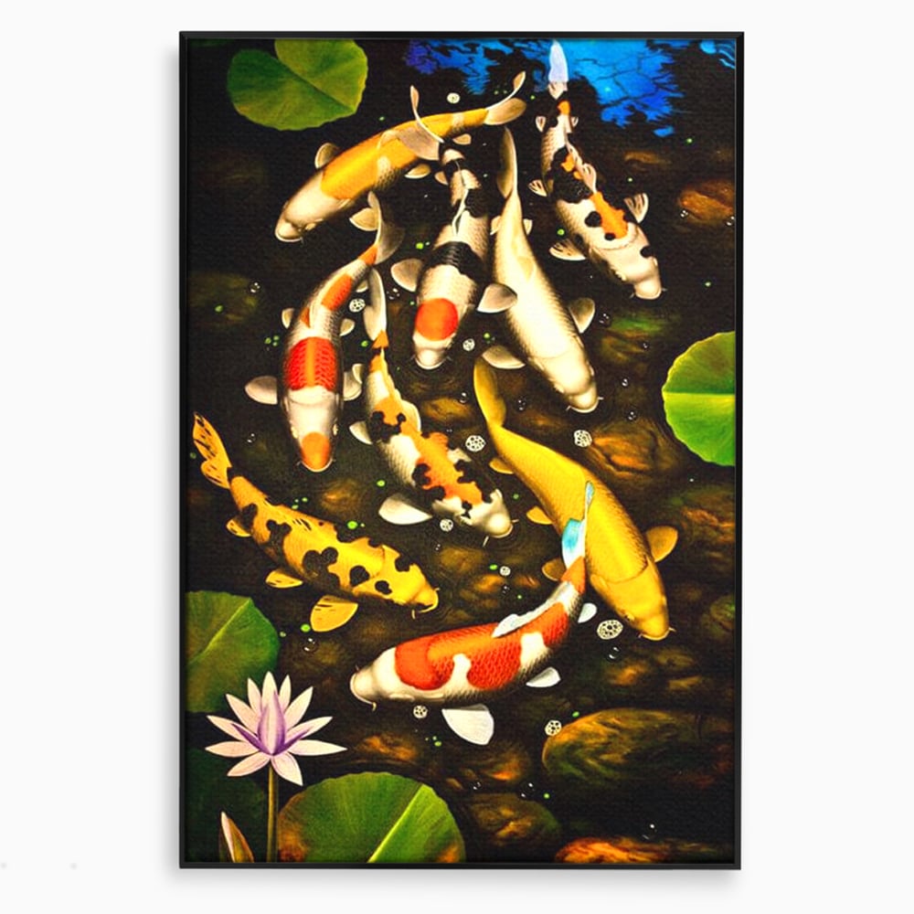 Tablou Canvas Premium, LuxCanva® M1420, Un Iaz Norocos, Pesti, Koi, Apa, Abundenta, Multicolor, Nuferi, Zen, Pietre, Natura, Armonie, Birou, Living, Camera Copil