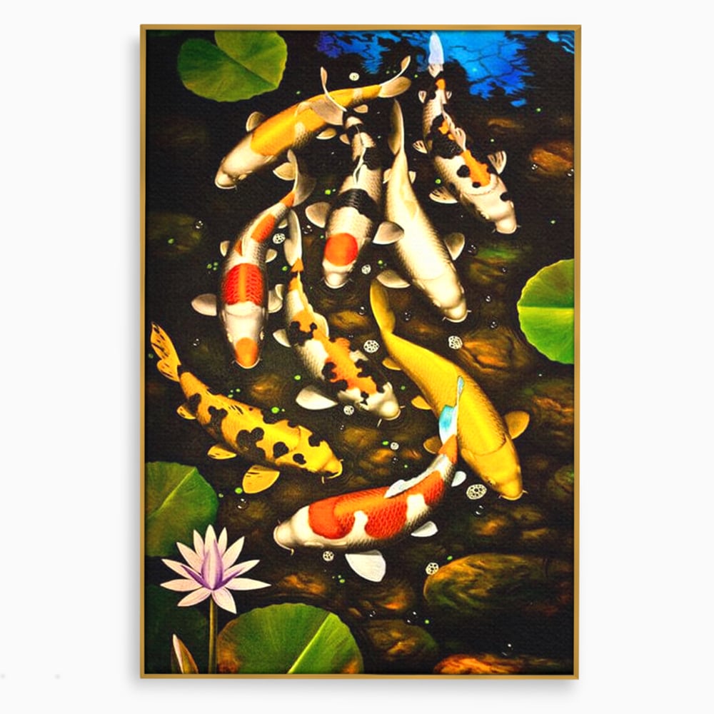 Tablou Canvas Premium, LuxCanva® M1420, Un Iaz Norocos, Pesti, Koi, Apa, Abundenta, Multicolor, Nuferi, Zen, Pietre, Natura, Armonie, Birou, Living, Camera Copil