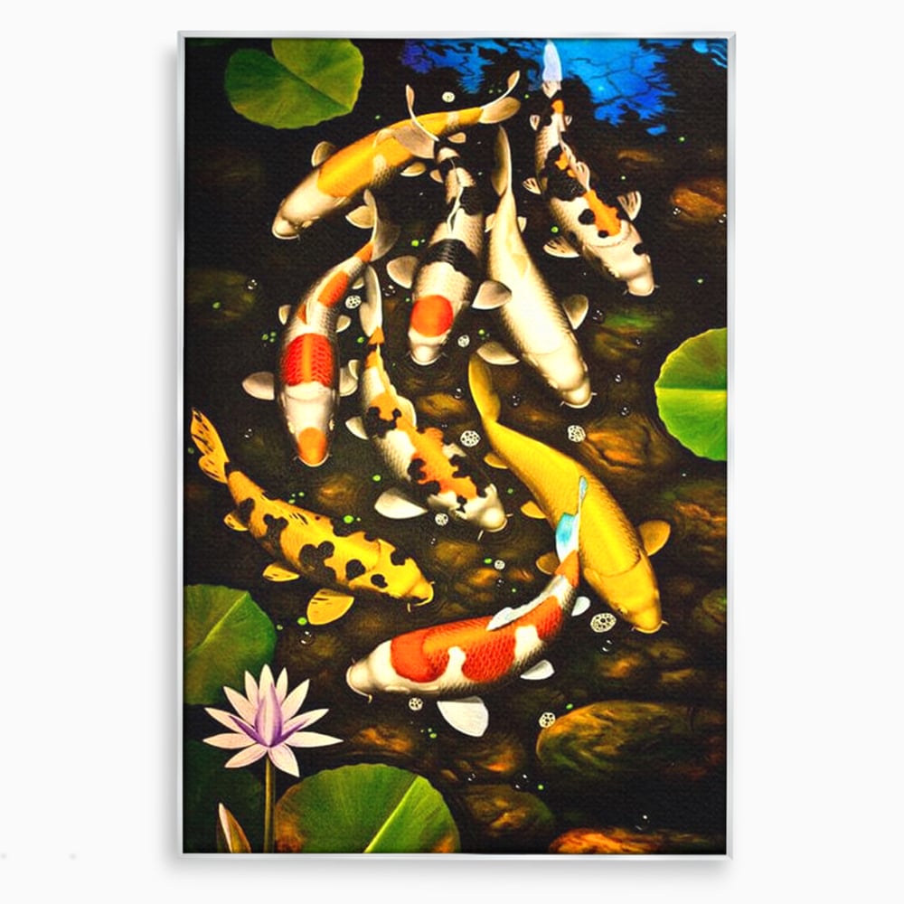 Tablou Canvas Premium, LuxCanva® M1420, Un Iaz Norocos, Pesti, Koi, Apa, Abundenta, Multicolor, Nuferi, Zen, Pietre, Natura, Armonie, Birou, Living, Camera Copil