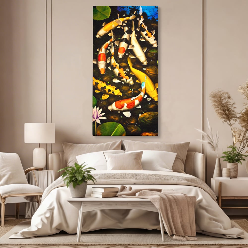 Tablou Canvas Premium, LuxCanva® M1420, Un Iaz Norocos, Pesti, Koi, Apa, Abundenta, Multicolor, Nuferi, Zen, Pietre, Natura, Armonie, Birou, Living, Camera Copil
