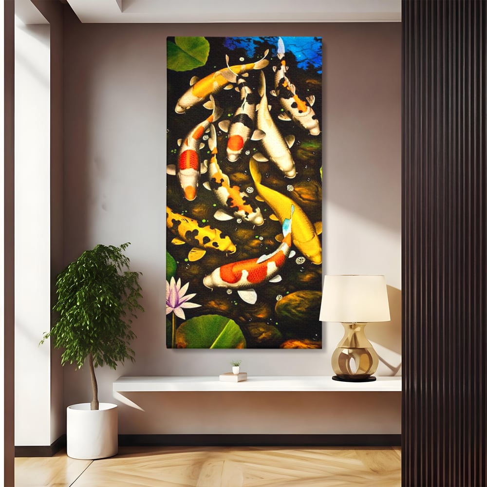 Tablou Canvas Premium, LuxCanva® M1420, Un Iaz Norocos, Pesti, Koi, Apa, Abundenta, Multicolor, Nuferi, Zen, Pietre, Natura, Armonie, Birou, Living, Camera Copil