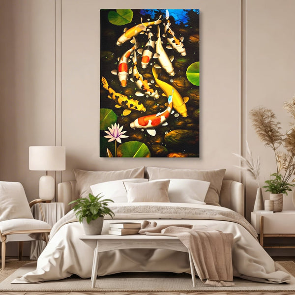 Tablou Canvas Premium, LuxCanva® M1420, Un Iaz Norocos, Pesti, Koi, Apa, Abundenta, Multicolor, Nuferi, Zen, Pietre, Natura, Armonie, Birou, Living, Camera Copil