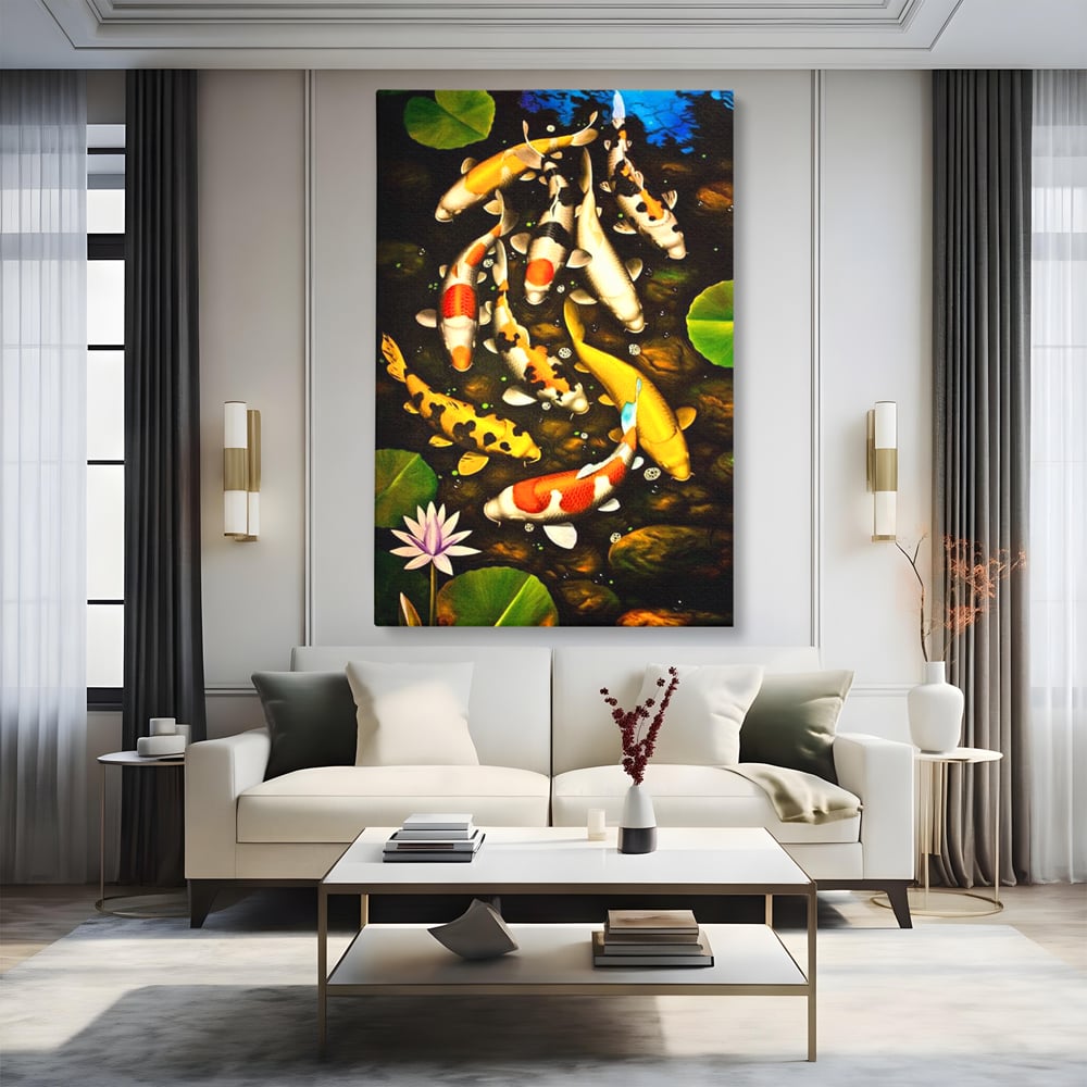 Tablou Canvas Premium, LuxCanva® M1420, Un Iaz Norocos, Pesti, Koi, Apa, Abundenta, Multicolor, Nuferi, Zen, Pietre, Natura, Armonie, Birou, Living, Camera Copil
