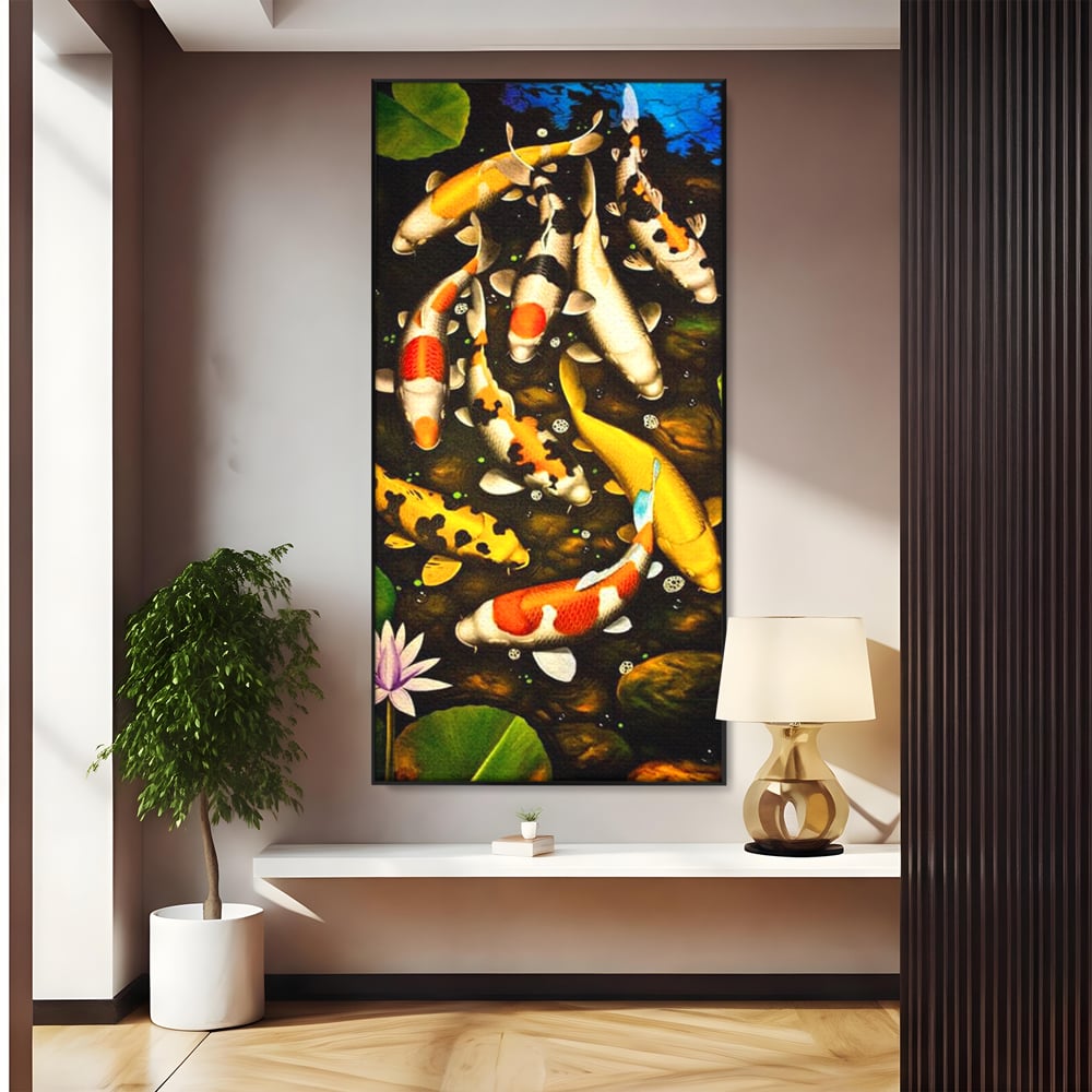 Tablou Canvas Premium, LuxCanva® M1420, Un Iaz Norocos, Pesti, Koi, Apa, Abundenta, Multicolor, Nuferi, Zen, Pietre, Natura, Armonie, Birou, Living, Camera Copil