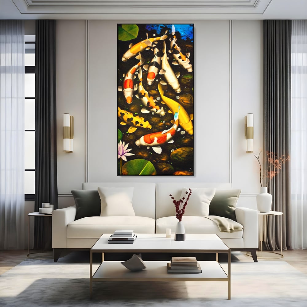 Tablou Canvas Premium, LuxCanva® M1420, Un Iaz Norocos, Pesti, Koi, Apa, Abundenta, Multicolor, Nuferi, Zen, Pietre, Natura, Armonie, Birou, Living, Camera Copil