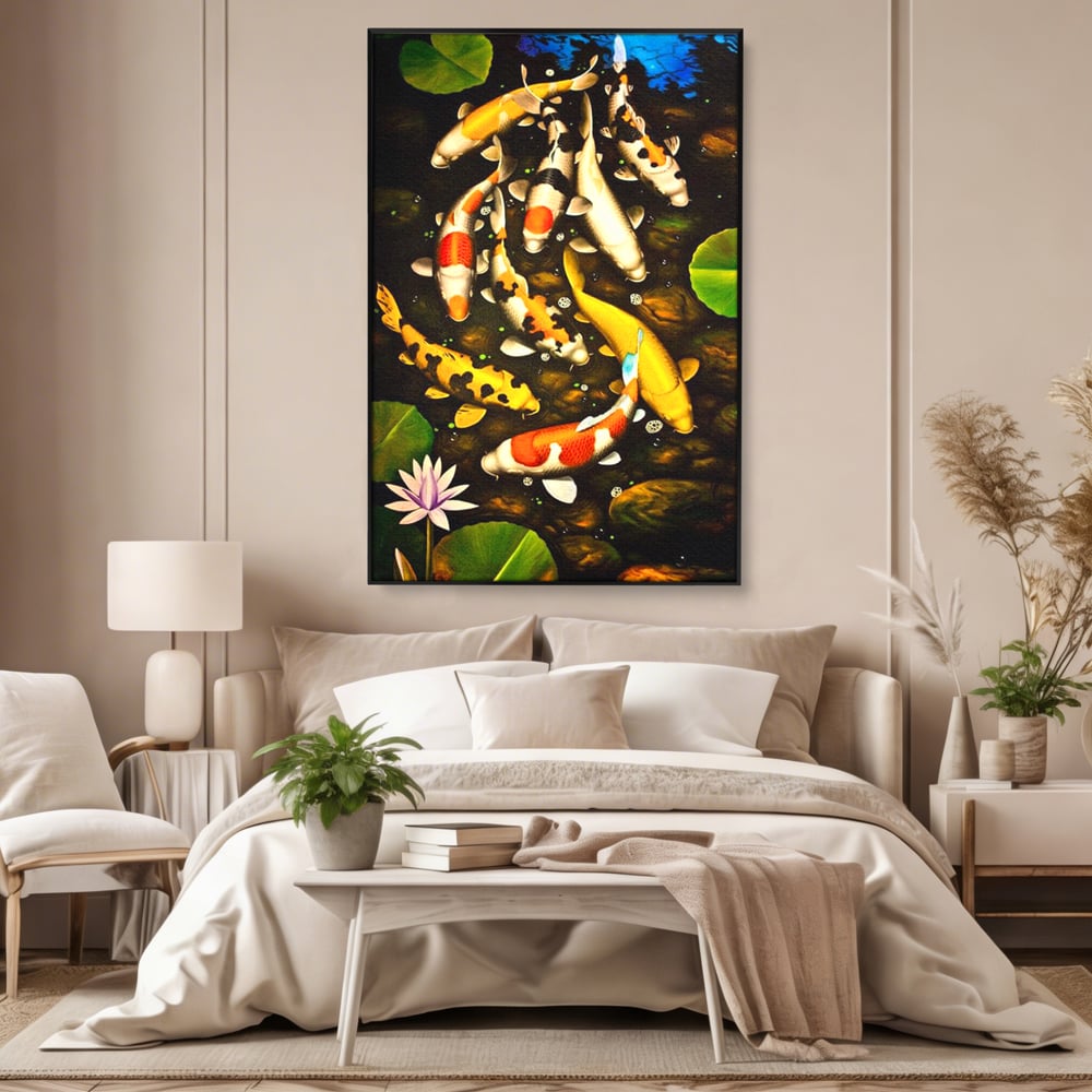Tablou Canvas Premium, LuxCanva® M1420, Un Iaz Norocos, Pesti, Koi, Apa, Abundenta, Multicolor, Nuferi, Zen, Pietre, Natura, Armonie, Birou, Living, Camera Copil