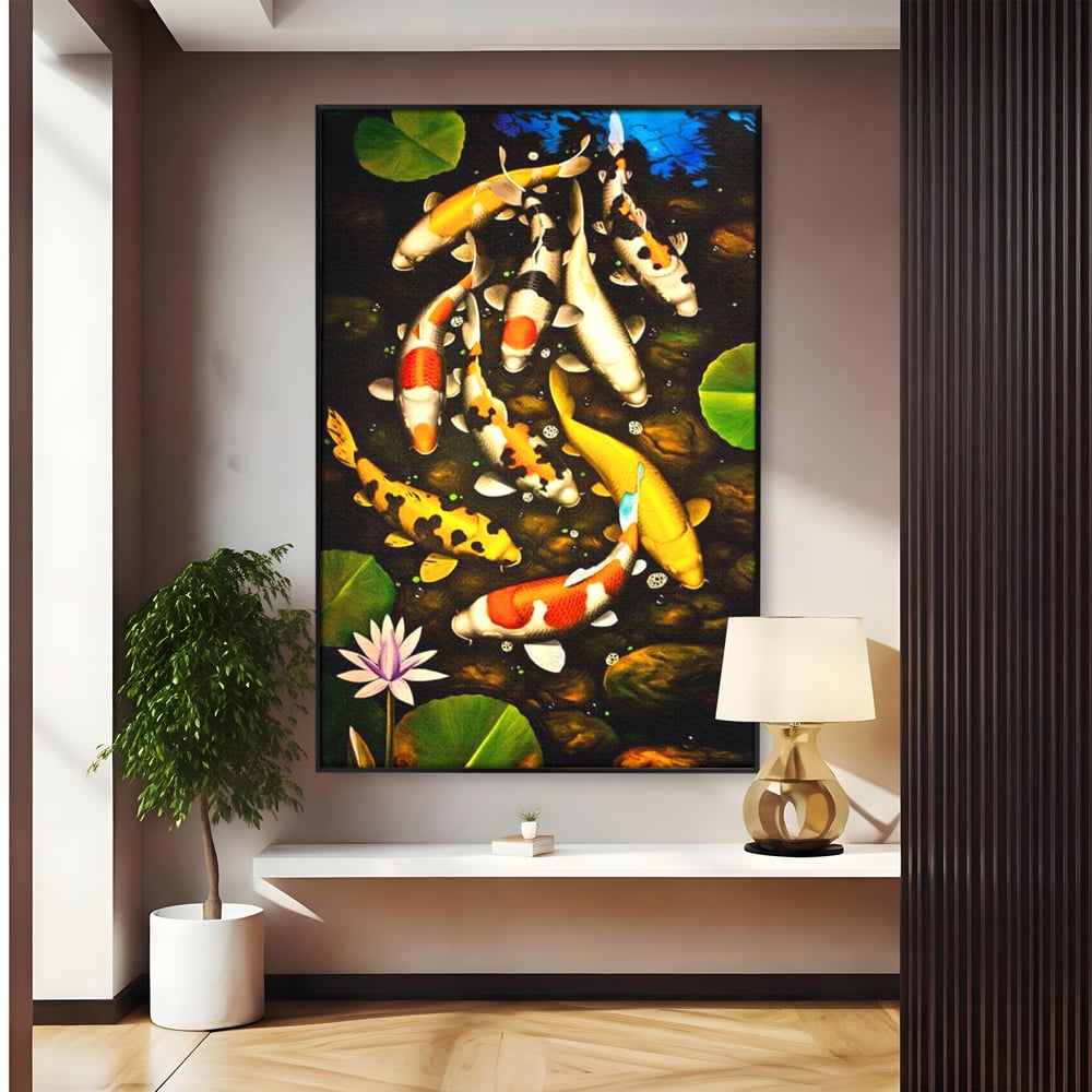 Tablou Canvas Premium, LuxCanva® M1420, Un Iaz Norocos, Pesti, Koi, Apa, Abundenta, Multicolor, Nuferi, Zen, Pietre, Natura, Armonie, Birou, Living, Camera Copil