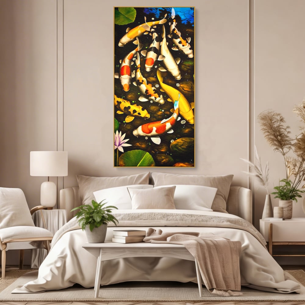 Tablou Canvas Premium, LuxCanva® M1420, Un Iaz Norocos, Pesti, Koi, Apa, Abundenta, Multicolor, Nuferi, Zen, Pietre, Natura, Armonie, Birou, Living, Camera Copil