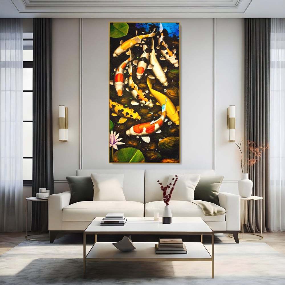 Tablou Canvas Premium, LuxCanva® M1420, Un Iaz Norocos, Pesti, Koi, Apa, Abundenta, Multicolor, Nuferi, Zen, Pietre, Natura, Armonie, Birou, Living, Camera Copil