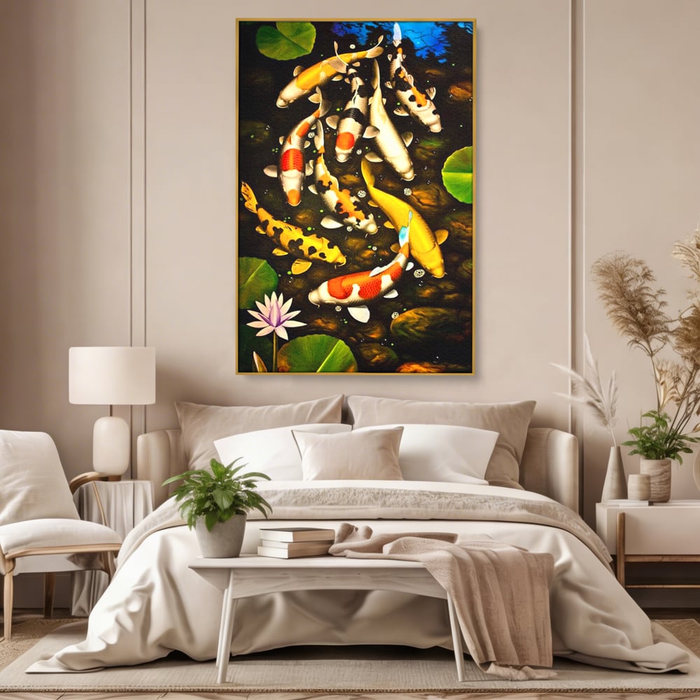 Tablou Canvas Premium, LuxCanva® M1420, Un Iaz Norocos, Pesti, Koi, Apa, Abundenta, Multicolor, Nuferi, Zen, Pietre, Natura, Armonie, Birou, Living, Camera Copil