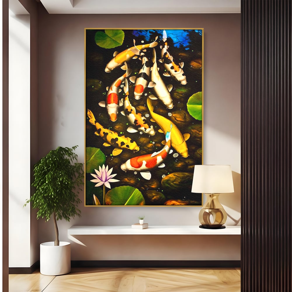 Tablou Canvas Premium, LuxCanva® M1420, Un Iaz Norocos, Pesti, Koi, Apa, Abundenta, Multicolor, Nuferi, Zen, Pietre, Natura, Armonie, Birou, Living, Camera Copil