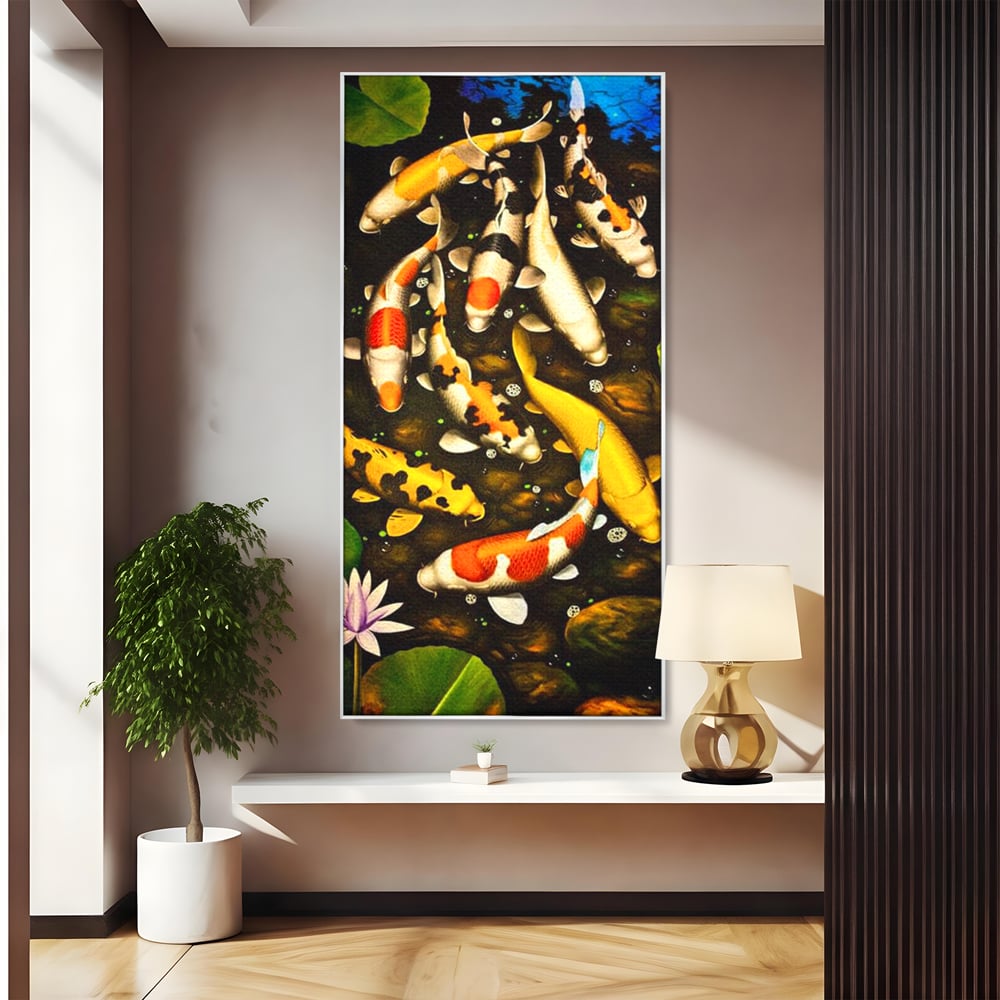 Tablou Canvas Premium, LuxCanva® M1420, Un Iaz Norocos, Pesti, Koi, Apa, Abundenta, Multicolor, Nuferi, Zen, Pietre, Natura, Armonie, Birou, Living, Camera Copil