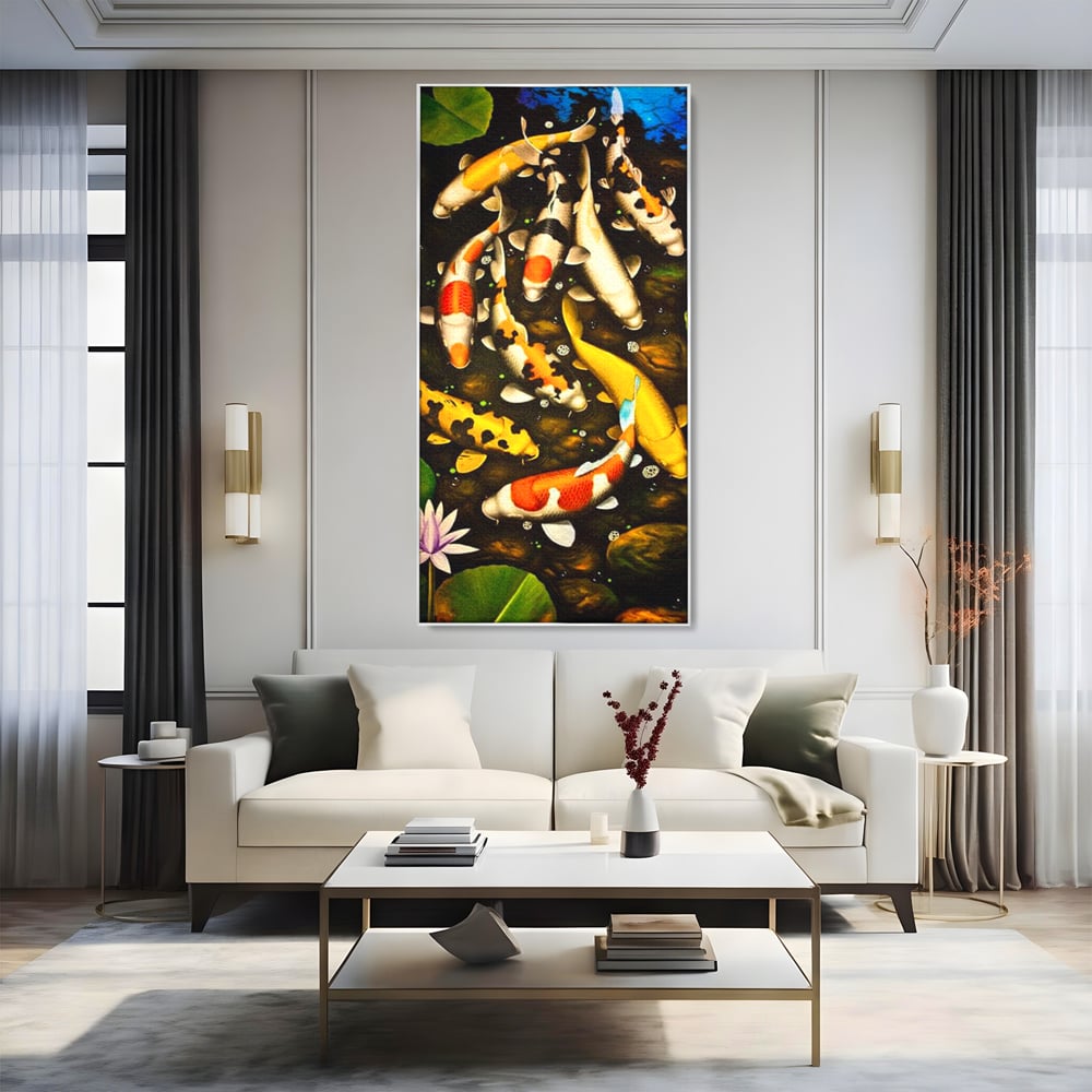 Tablou Canvas Premium, LuxCanva® M1420, Un Iaz Norocos, Pesti, Koi, Apa, Abundenta, Multicolor, Nuferi, Zen, Pietre, Natura, Armonie, Birou, Living, Camera Copil