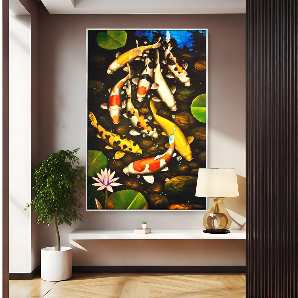Tablou Canvas Premium, LuxCanva® M1420, Un Iaz Norocos, Pesti, Koi, Apa, Abundenta, Multicolor, Nuferi, Zen, Pietre, Natura, Armonie, Birou, Living, Camera Copil