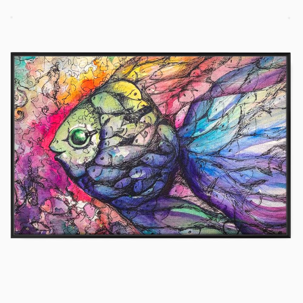 Leinwand Premium Canvas Wandkunst, LuxCanva® M1421, Aquatisches Mosaik, Malerei, Wasser, Marine, Zeichnung, Abstrakte Kunst, Harmonie, Wellen, Mehrfarbig, Fisch, Büro, Wohnen, Wohnzimmer, Kinderzimmer
