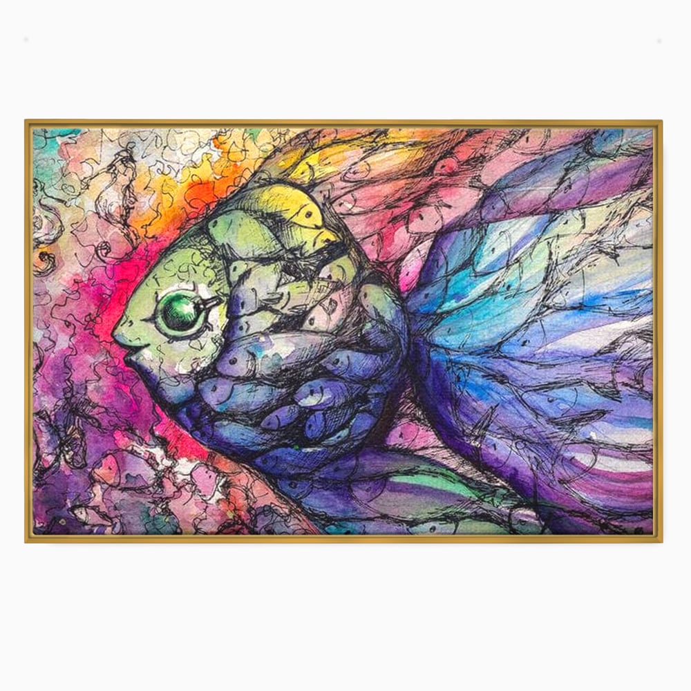 Leinwand Premium Canvas Wandkunst, LuxCanva® M1421, Aquatisches Mosaik, Malerei, Wasser, Marine, Zeichnung, Abstrakte Kunst, Harmonie, Wellen, Mehrfarbig, Fisch, Büro, Wohnen, Wohnzimmer, Kinderzimmer