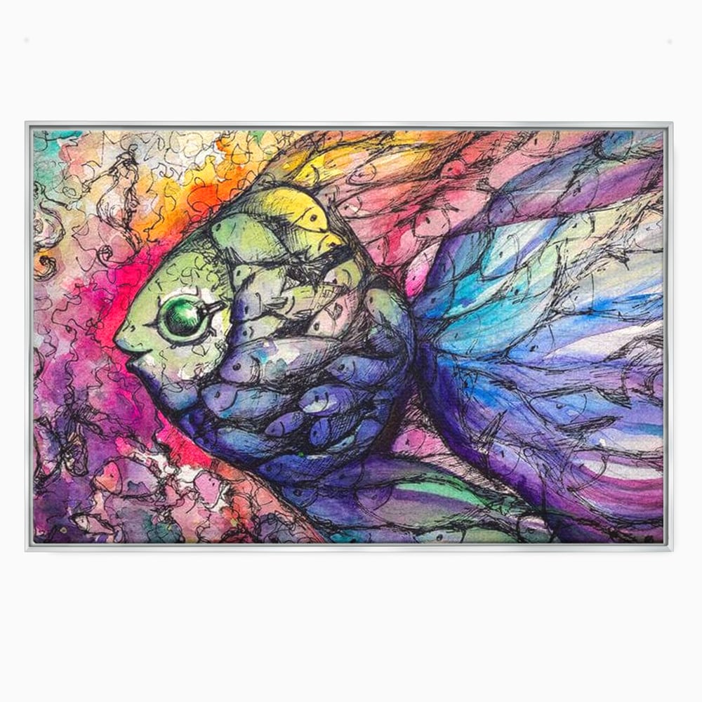 Leinwand Premium Canvas Wandkunst, LuxCanva® M1421, Aquatisches Mosaik, Malerei, Wasser, Marine, Zeichnung, Abstrakte Kunst, Harmonie, Wellen, Mehrfarbig, Fisch, Büro, Wohnen, Wohnzimmer, Kinderzimmer