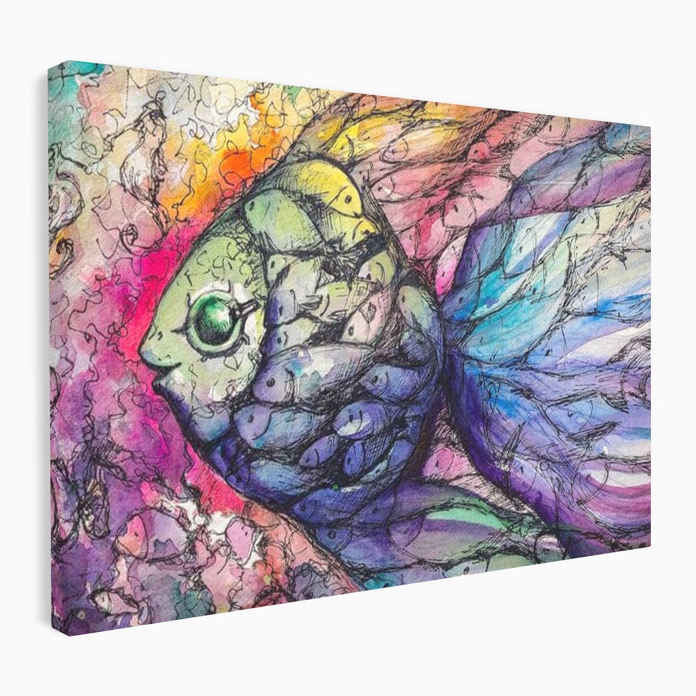 Leinwand Premium Canvas Wandkunst, LuxCanva® M1421, Aquatisches Mosaik, Malerei, Wasser, Marine, Zeichnung, Abstrakte Kunst, Harmonie, Wellen, Mehrfarbig, Fisch, Büro, Wohnen, Wohnzimmer, Kinderzimmer