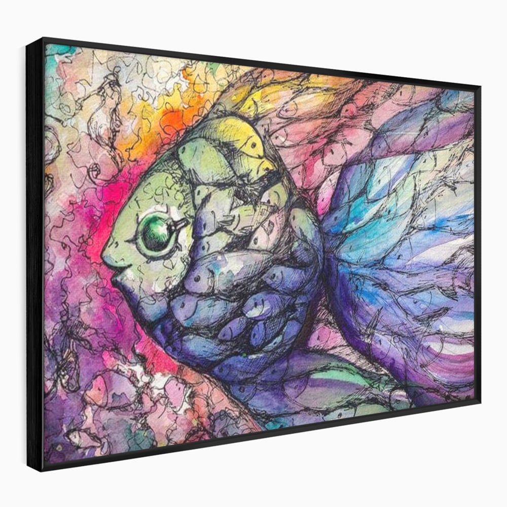 Leinwand Premium Canvas Wandkunst, LuxCanva® M1421, Aquatisches Mosaik, Malerei, Wasser, Marine, Zeichnung, Abstrakte Kunst, Harmonie, Wellen, Mehrfarbig, Fisch, Büro, Wohnen, Wohnzimmer, Kinderzimmer