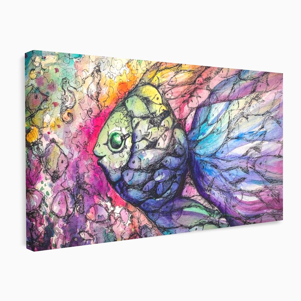 Leinwand Premium Canvas Wandkunst, LuxCanva® M1421, Aquatisches Mosaik, Malerei, Wasser, Marine, Zeichnung, Abstrakte Kunst, Harmonie, Wellen, Mehrfarbig, Fisch, Büro, Wohnen, Wohnzimmer, Kinderzimmer