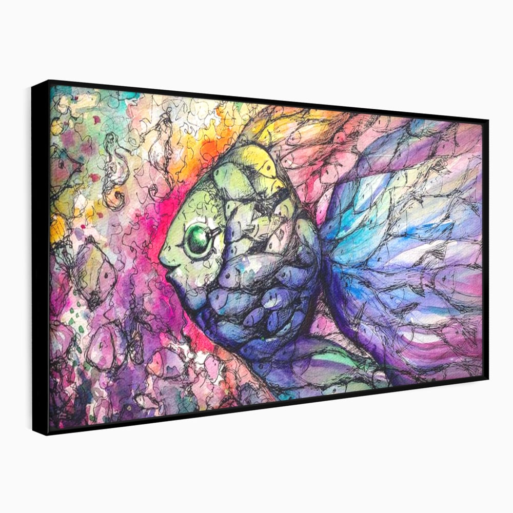 Leinwand Premium Canvas Wandkunst, LuxCanva® M1421, Aquatisches Mosaik, Malerei, Wasser, Marine, Zeichnung, Abstrakte Kunst, Harmonie, Wellen, Mehrfarbig, Fisch, Büro, Wohnen, Wohnzimmer, Kinderzimmer