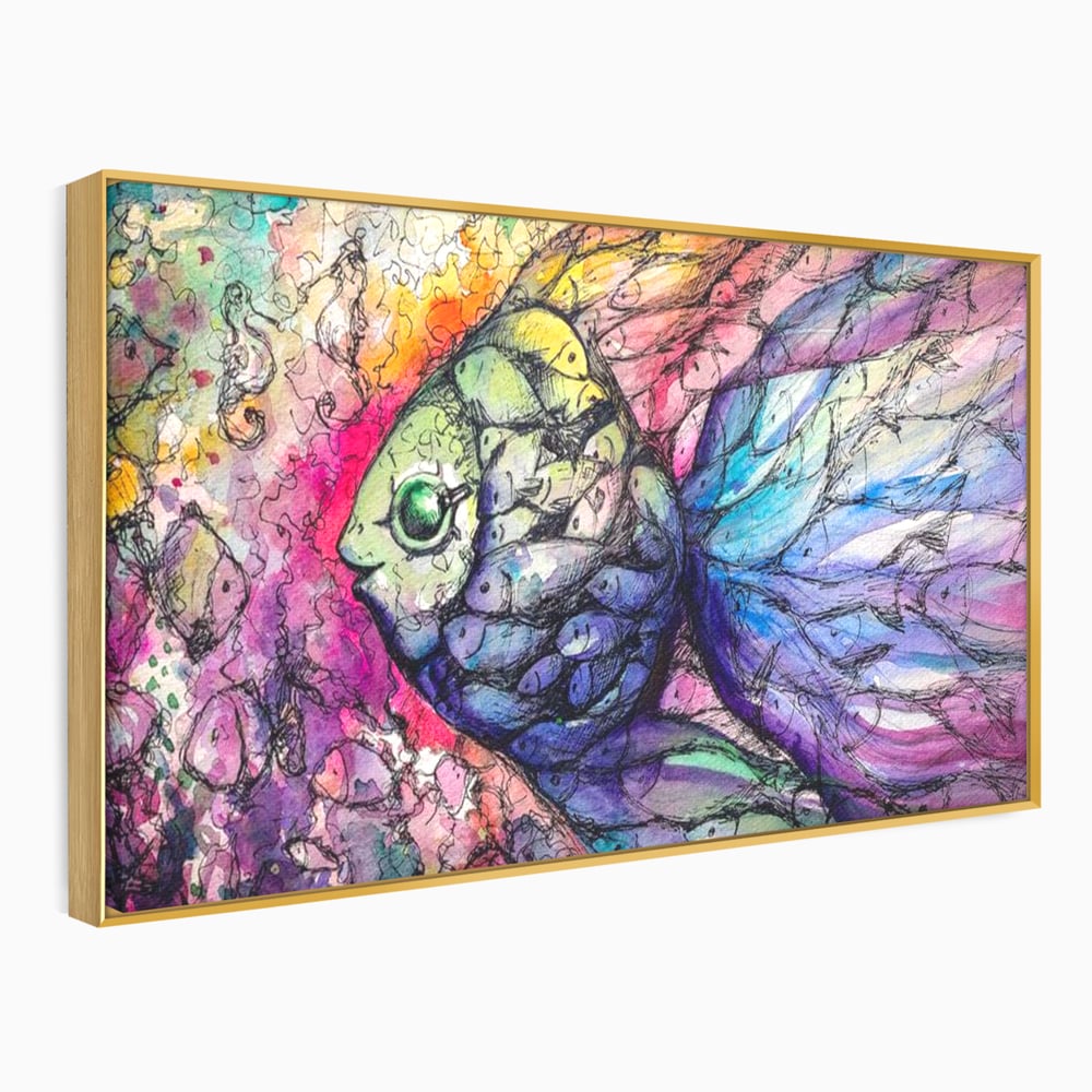 Leinwand Premium Canvas Wandkunst, LuxCanva® M1421, Aquatisches Mosaik, Malerei, Wasser, Marine, Zeichnung, Abstrakte Kunst, Harmonie, Wellen, Mehrfarbig, Fisch, Büro, Wohnen, Wohnzimmer, Kinderzimmer