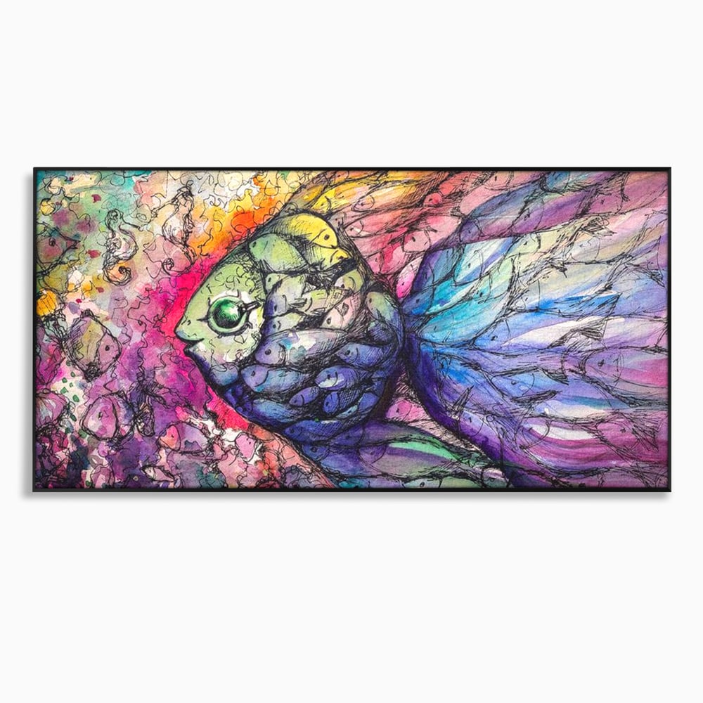 Leinwand Premium Canvas Wandkunst, LuxCanva® M1421, Aquatisches Mosaik, Malerei, Wasser, Marine, Zeichnung, Abstrakte Kunst, Harmonie, Wellen, Mehrfarbig, Fisch, Büro, Wohnen, Wohnzimmer, Kinderzimmer