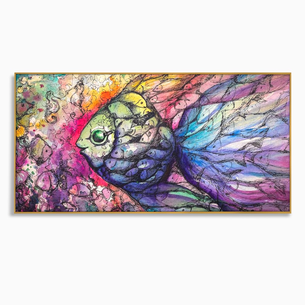 Leinwand Premium Canvas Wandkunst, LuxCanva® M1421, Aquatisches Mosaik, Malerei, Wasser, Marine, Zeichnung, Abstrakte Kunst, Harmonie, Wellen, Mehrfarbig, Fisch, Büro, Wohnen, Wohnzimmer, Kinderzimmer