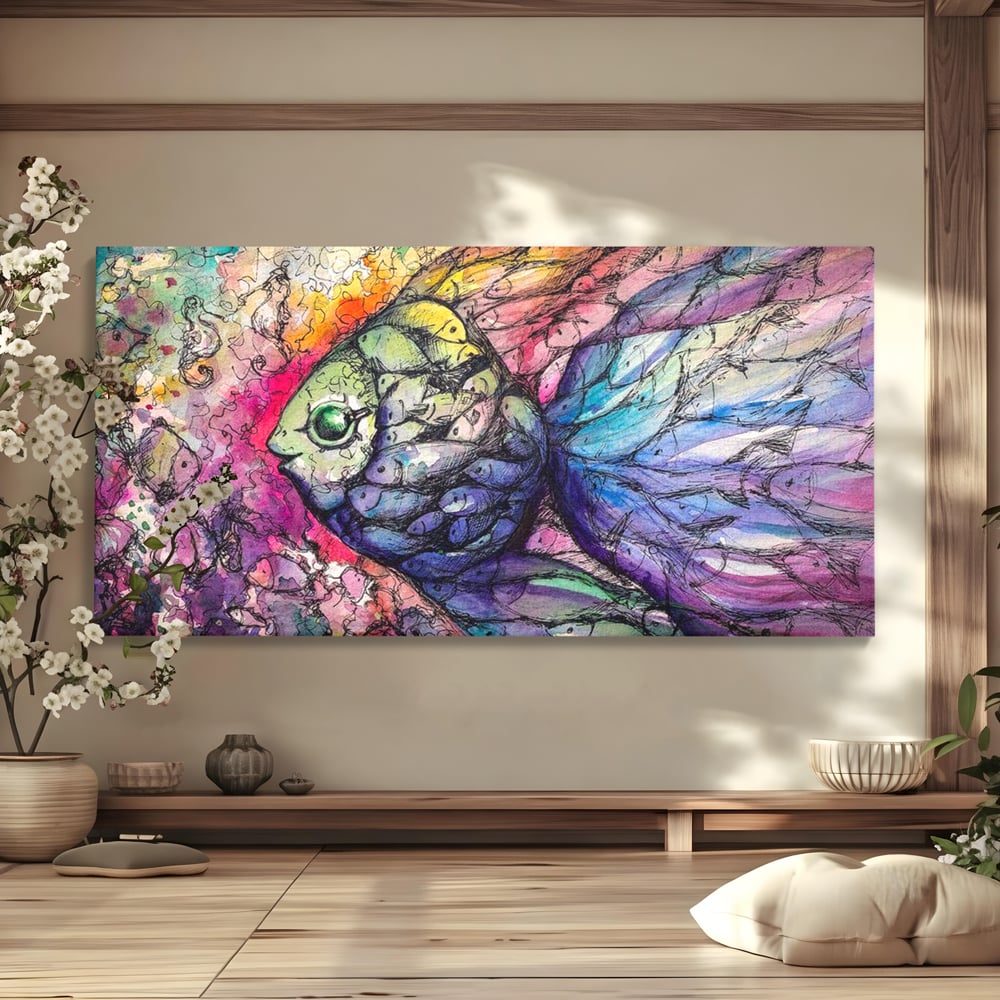 Leinwand Premium Canvas Wandkunst, LuxCanva® M1421, Aquatisches Mosaik, Malerei, Wasser, Marine, Zeichnung, Abstrakte Kunst, Harmonie, Wellen, Mehrfarbig, Fisch, Büro, Wohnen, Wohnzimmer, Kinderzimmer