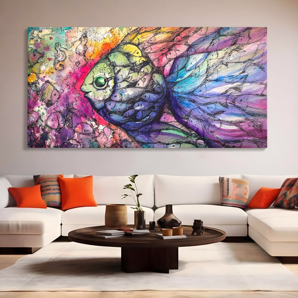 Leinwand Premium Canvas Wandkunst, LuxCanva® M1421, Aquatisches Mosaik, Malerei, Wasser, Marine, Zeichnung, Abstrakte Kunst, Harmonie, Wellen, Mehrfarbig, Fisch, Büro, Wohnen, Wohnzimmer, Kinderzimmer