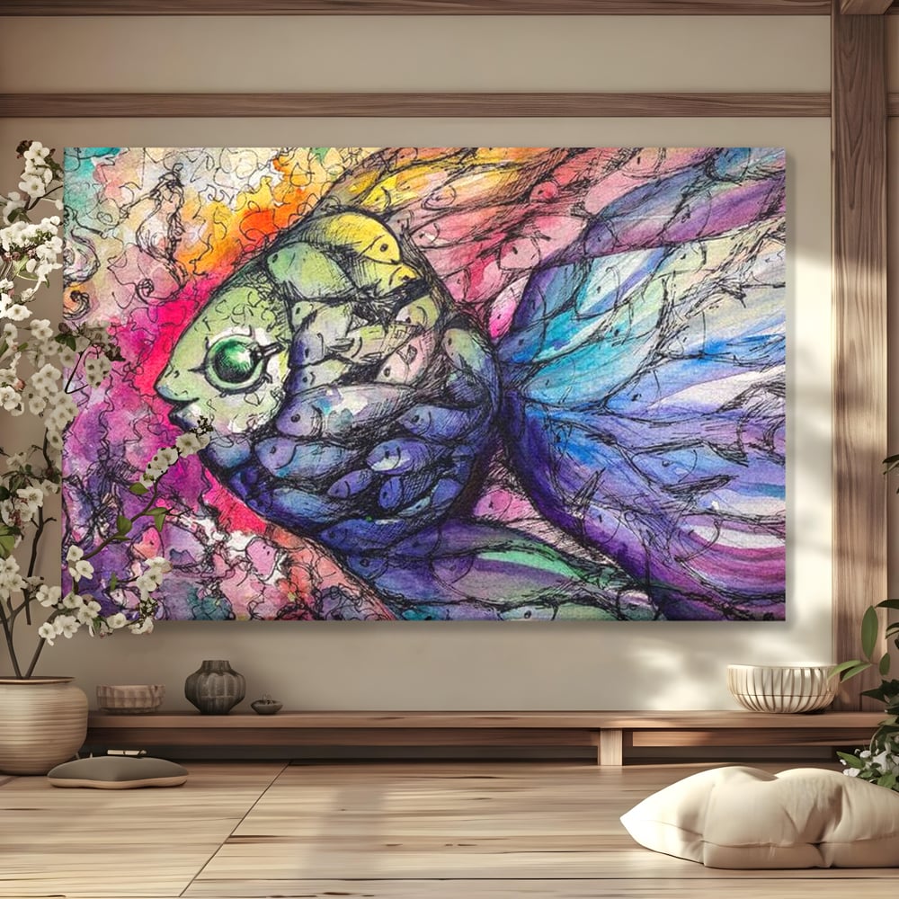 Leinwand Premium Canvas Wandkunst, LuxCanva® M1421, Aquatisches Mosaik, Malerei, Wasser, Marine, Zeichnung, Abstrakte Kunst, Harmonie, Wellen, Mehrfarbig, Fisch, Büro, Wohnen, Wohnzimmer, Kinderzimmer
