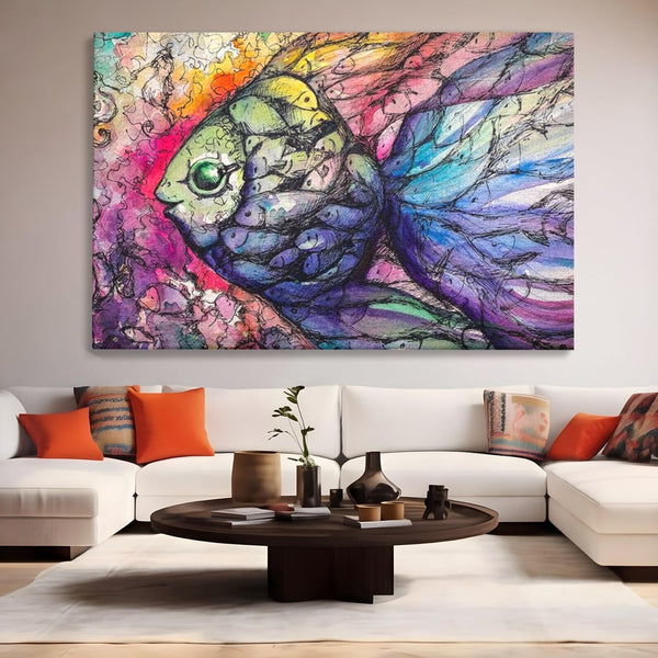 Leinwand Premium Canvas Wandkunst, LuxCanva® M1421, Aquatisches Mosaik, Malerei, Wasser, Marine, Zeichnung, Abstrakte Kunst, Harmonie, Wellen, Mehrfarbig, Fisch, Büro, Wohnen, Wohnzimmer, Kinderzimmer