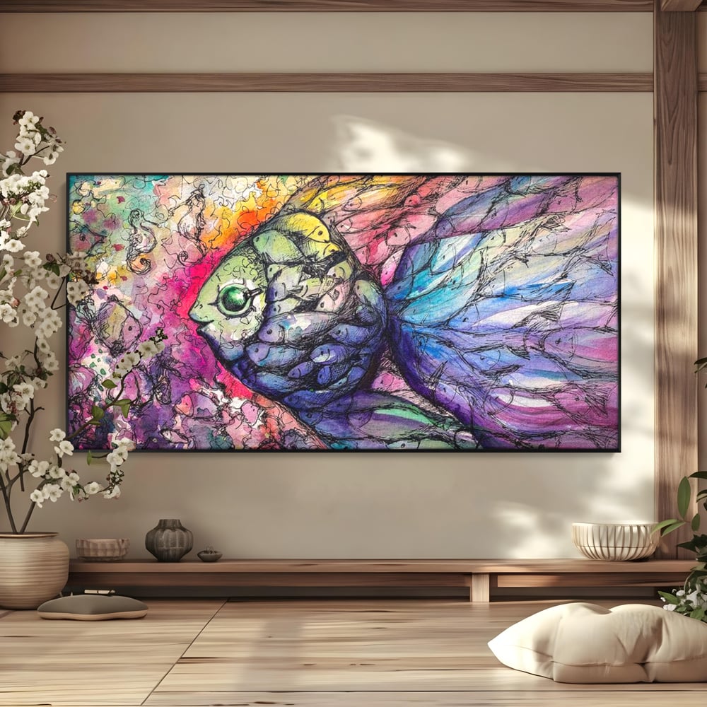 Leinwand Premium Canvas Wandkunst, LuxCanva® M1421, Aquatisches Mosaik, Malerei, Wasser, Marine, Zeichnung, Abstrakte Kunst, Harmonie, Wellen, Mehrfarbig, Fisch, Büro, Wohnen, Wohnzimmer, Kinderzimmer