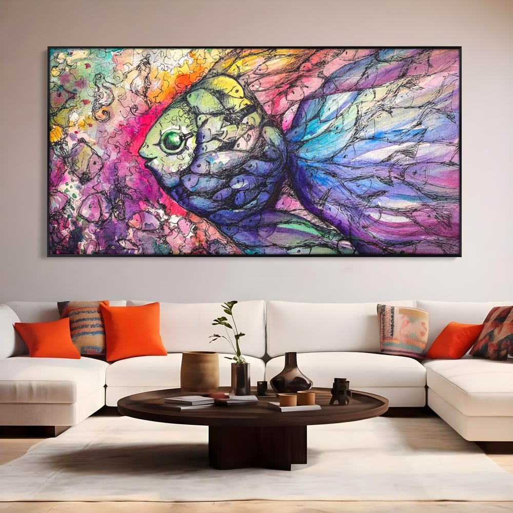 Leinwand Premium Canvas Wandkunst, LuxCanva® M1421, Aquatisches Mosaik, Malerei, Wasser, Marine, Zeichnung, Abstrakte Kunst, Harmonie, Wellen, Mehrfarbig, Fisch, Büro, Wohnen, Wohnzimmer, Kinderzimmer