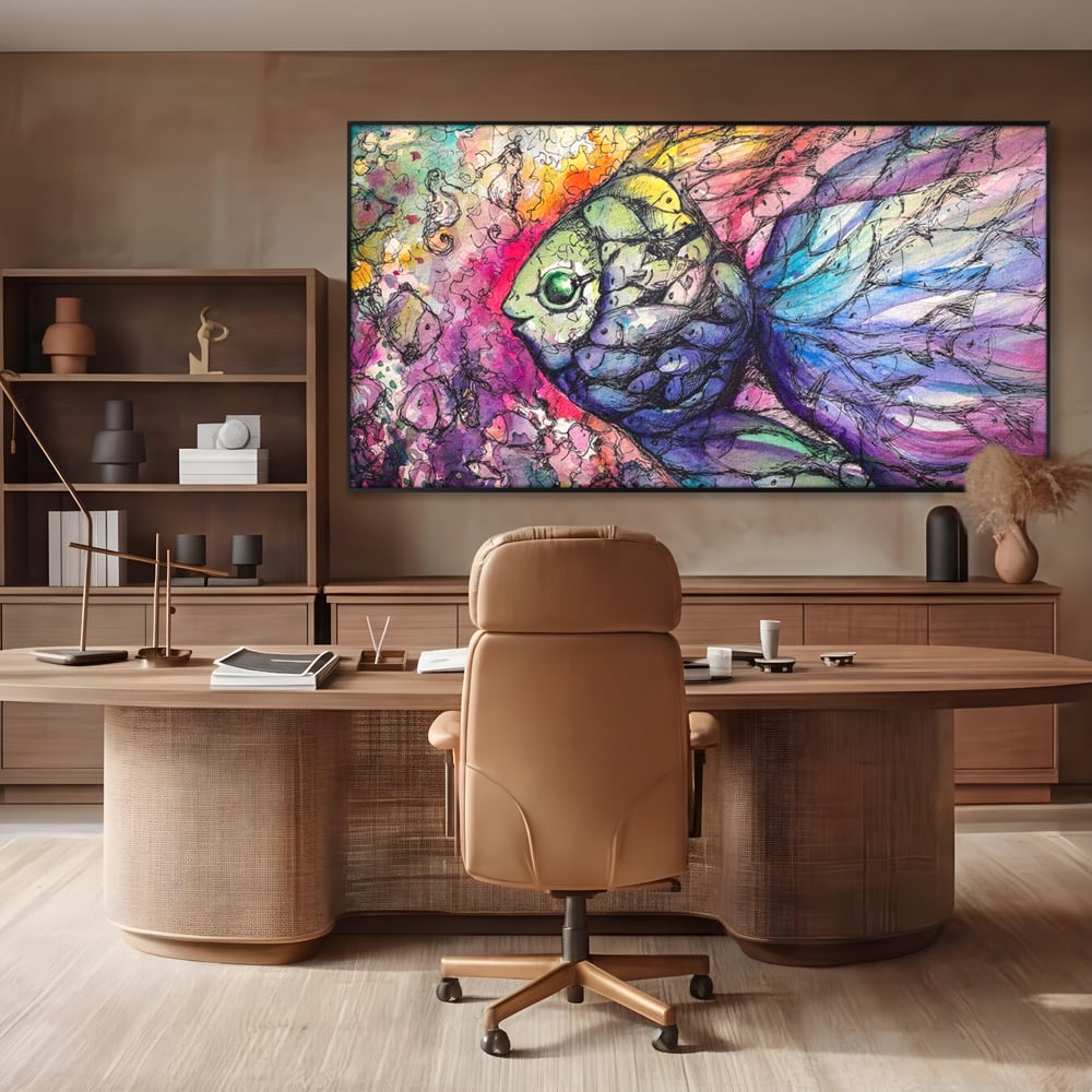 Leinwand Premium Canvas Wandkunst, LuxCanva® M1421, Aquatisches Mosaik, Malerei, Wasser, Marine, Zeichnung, Abstrakte Kunst, Harmonie, Wellen, Mehrfarbig, Fisch, Büro, Wohnen, Wohnzimmer, Kinderzimmer