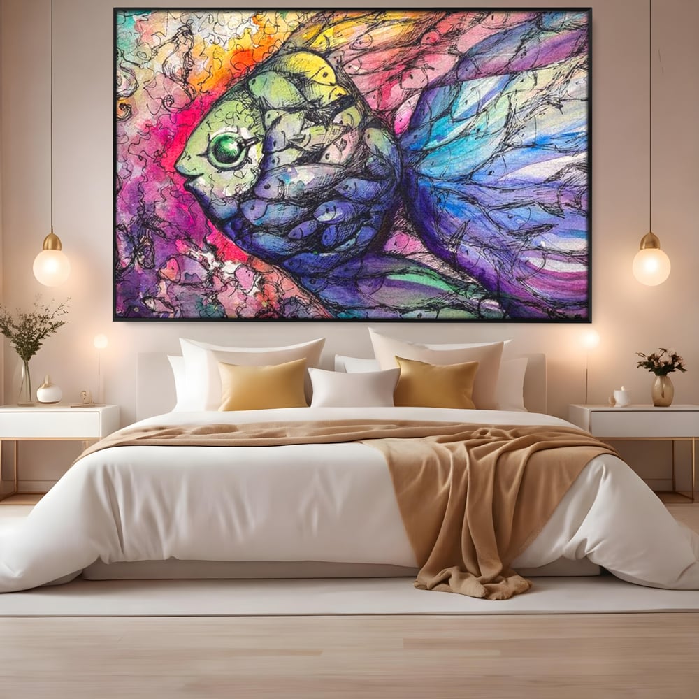Leinwand Premium Canvas Wandkunst, LuxCanva® M1421, Aquatisches Mosaik, Malerei, Wasser, Marine, Zeichnung, Abstrakte Kunst, Harmonie, Wellen, Mehrfarbig, Fisch, Büro, Wohnen, Wohnzimmer, Kinderzimmer