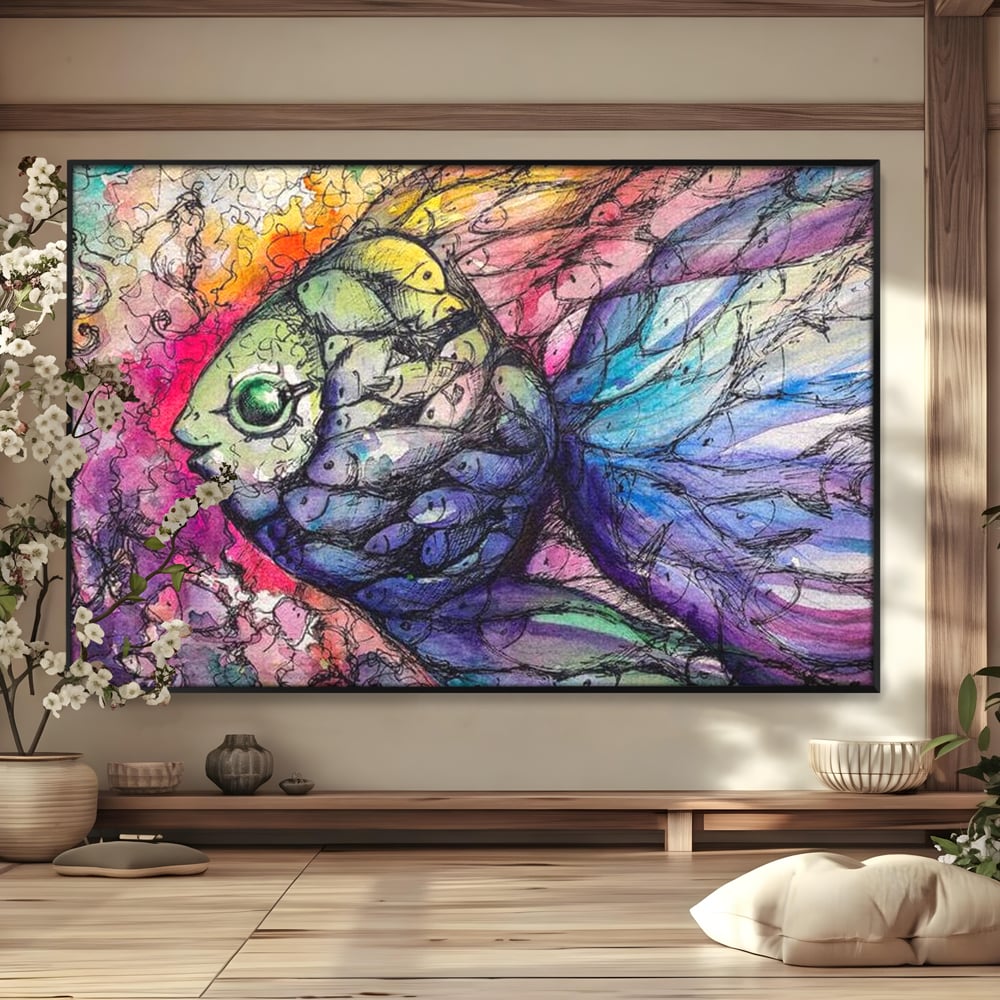 Leinwand Premium Canvas Wandkunst, LuxCanva® M1421, Aquatisches Mosaik, Malerei, Wasser, Marine, Zeichnung, Abstrakte Kunst, Harmonie, Wellen, Mehrfarbig, Fisch, Büro, Wohnen, Wohnzimmer, Kinderzimmer