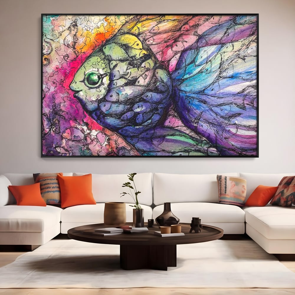 Leinwand Premium Canvas Wandkunst, LuxCanva® M1421, Aquatisches Mosaik, Malerei, Wasser, Marine, Zeichnung, Abstrakte Kunst, Harmonie, Wellen, Mehrfarbig, Fisch, Büro, Wohnen, Wohnzimmer, Kinderzimmer