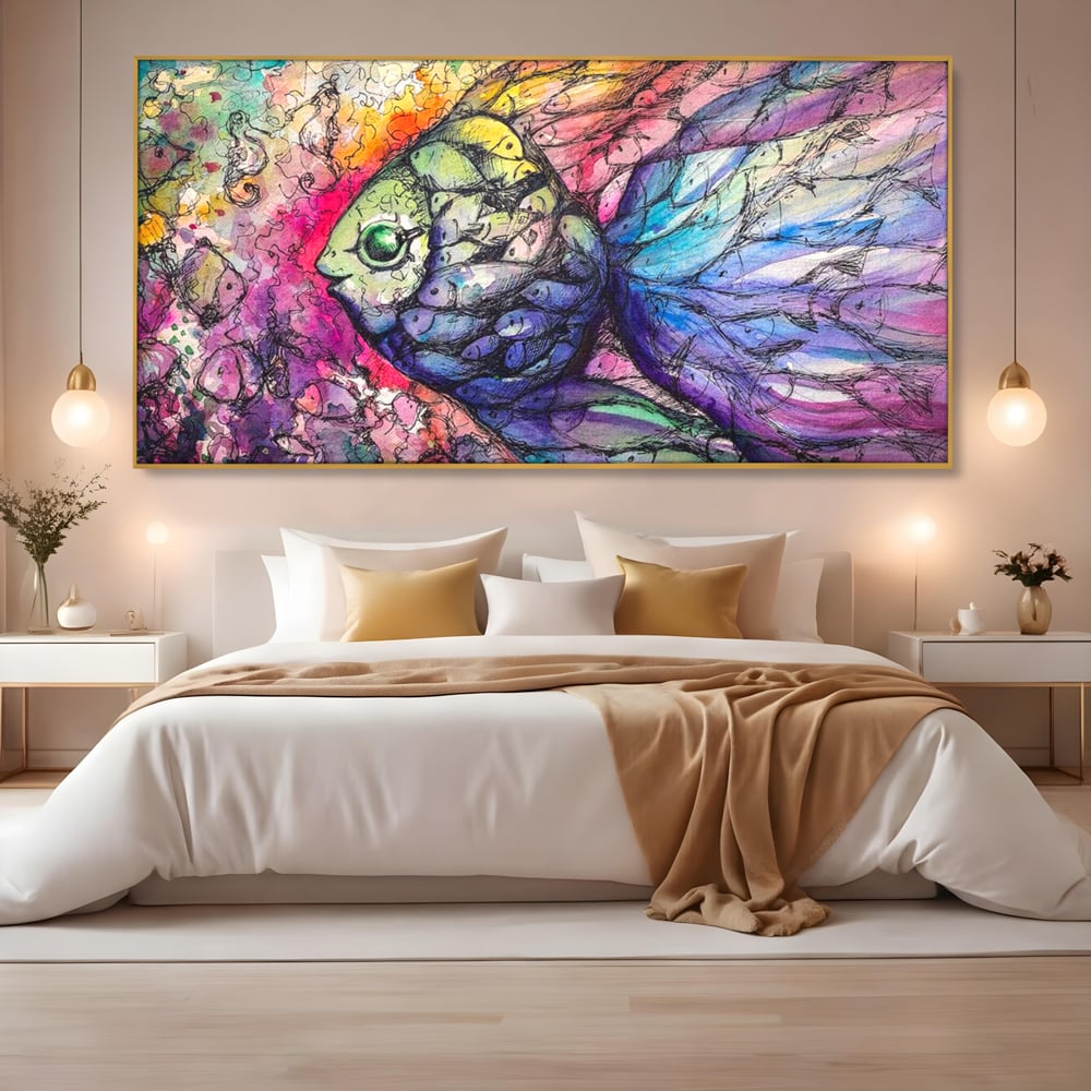 Leinwand Premium Canvas Wandkunst, LuxCanva® M1421, Aquatisches Mosaik, Malerei, Wasser, Marine, Zeichnung, Abstrakte Kunst, Harmonie, Wellen, Mehrfarbig, Fisch, Büro, Wohnen, Wohnzimmer, Kinderzimmer