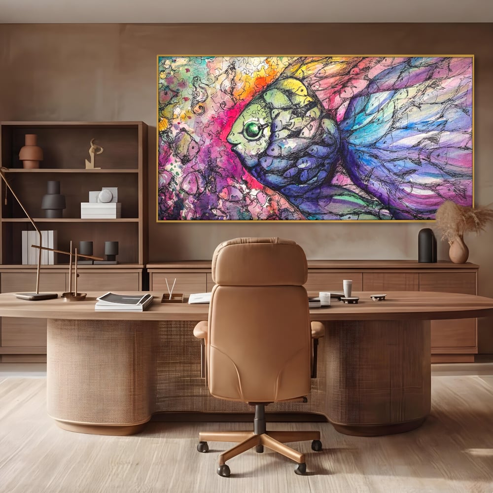 Leinwand Premium Canvas Wandkunst, LuxCanva® M1421, Aquatisches Mosaik, Malerei, Wasser, Marine, Zeichnung, Abstrakte Kunst, Harmonie, Wellen, Mehrfarbig, Fisch, Büro, Wohnen, Wohnzimmer, Kinderzimmer