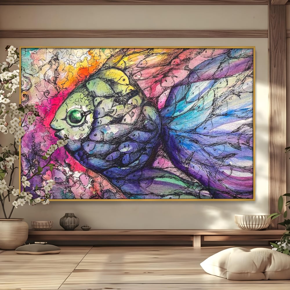 Leinwand Premium Canvas Wandkunst, LuxCanva® M1421, Aquatisches Mosaik, Malerei, Wasser, Marine, Zeichnung, Abstrakte Kunst, Harmonie, Wellen, Mehrfarbig, Fisch, Büro, Wohnen, Wohnzimmer, Kinderzimmer