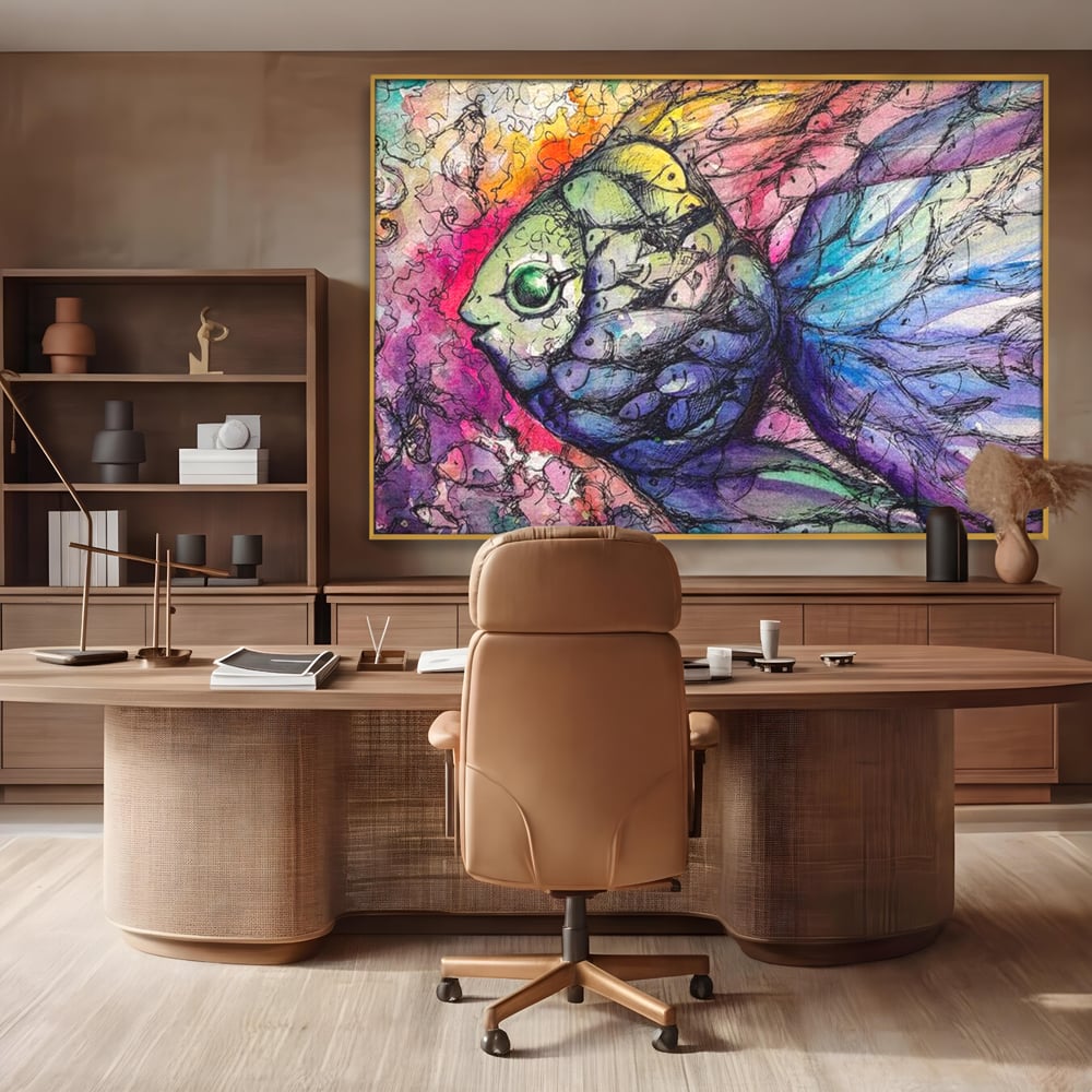 Leinwand Premium Canvas Wandkunst, LuxCanva® M1421, Aquatisches Mosaik, Malerei, Wasser, Marine, Zeichnung, Abstrakte Kunst, Harmonie, Wellen, Mehrfarbig, Fisch, Büro, Wohnen, Wohnzimmer, Kinderzimmer