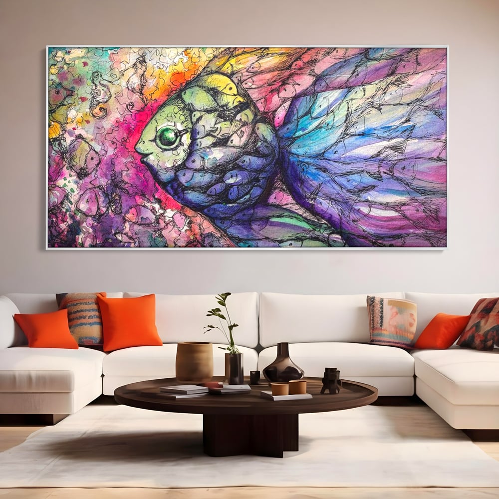 Leinwand Premium Canvas Wandkunst, LuxCanva® M1421, Aquatisches Mosaik, Malerei, Wasser, Marine, Zeichnung, Abstrakte Kunst, Harmonie, Wellen, Mehrfarbig, Fisch, Büro, Wohnen, Wohnzimmer, Kinderzimmer