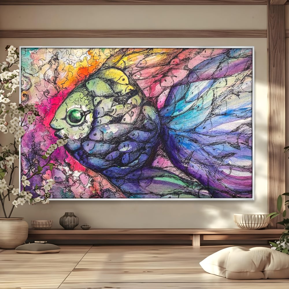 Leinwand Premium Canvas Wandkunst, LuxCanva® M1421, Aquatisches Mosaik, Malerei, Wasser, Marine, Zeichnung, Abstrakte Kunst, Harmonie, Wellen, Mehrfarbig, Fisch, Büro, Wohnen, Wohnzimmer, Kinderzimmer