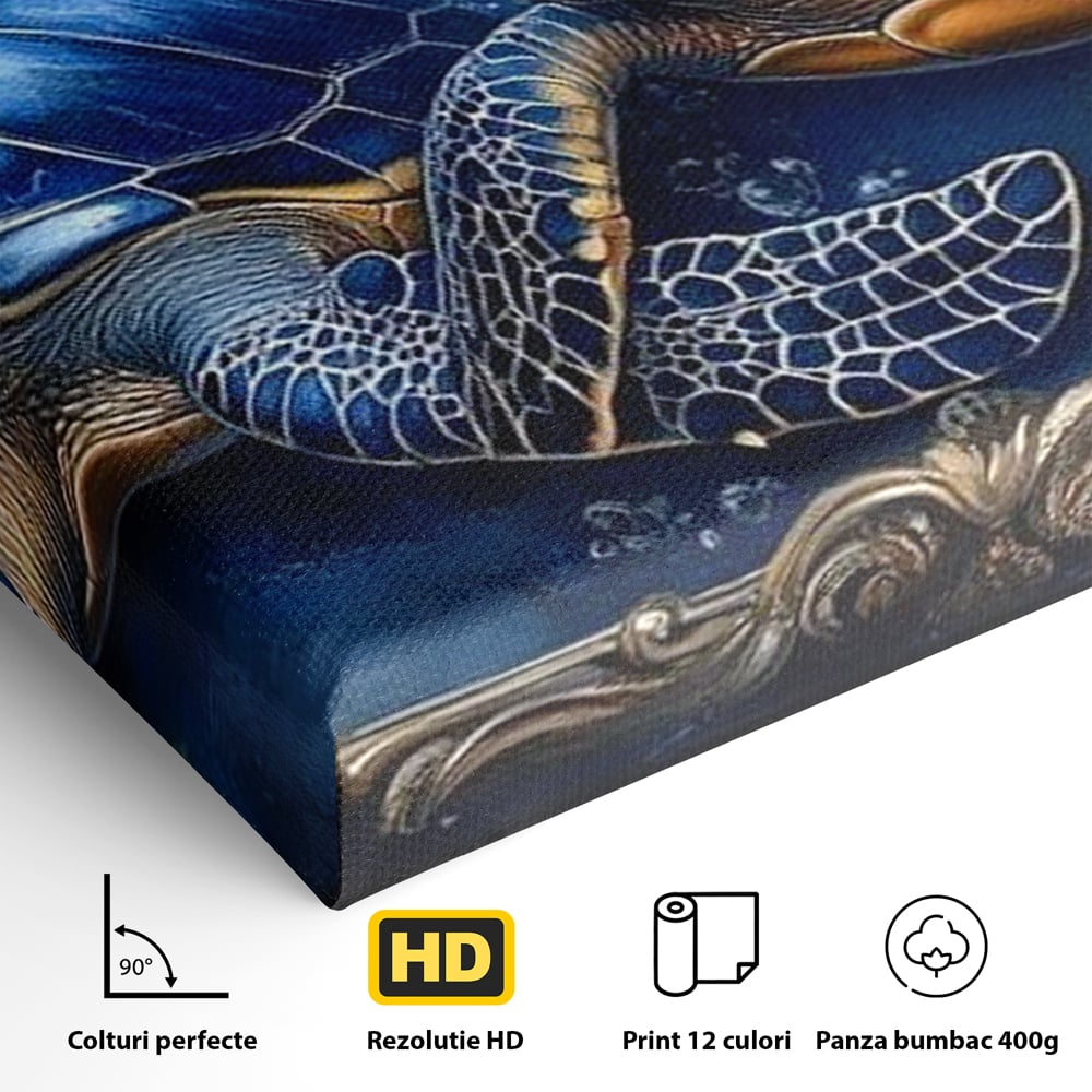 Tablou Canvas Premium, LuxCanva® M1423, Fratia Oceanului, Testoase, Ocean, Albastru, Auriu, Adancuri, Mister, Pereche, Flori, Poveste, Acvatic, Birou, Living, Camera Copil