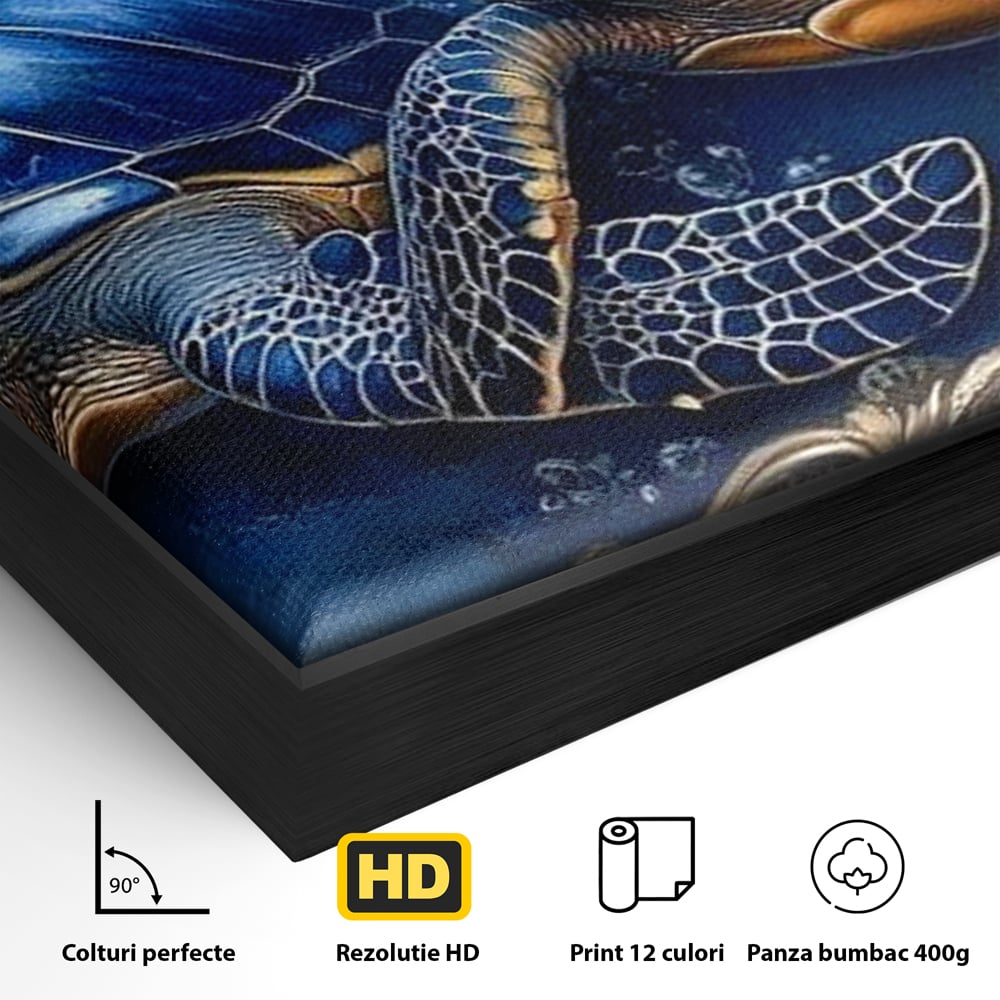 Tablou Canvas Premium, LuxCanva® M1423, Fratia Oceanului, Testoase, Ocean, Albastru, Auriu, Adancuri, Mister, Pereche, Flori, Poveste, Acvatic, Birou, Living, Camera Copil