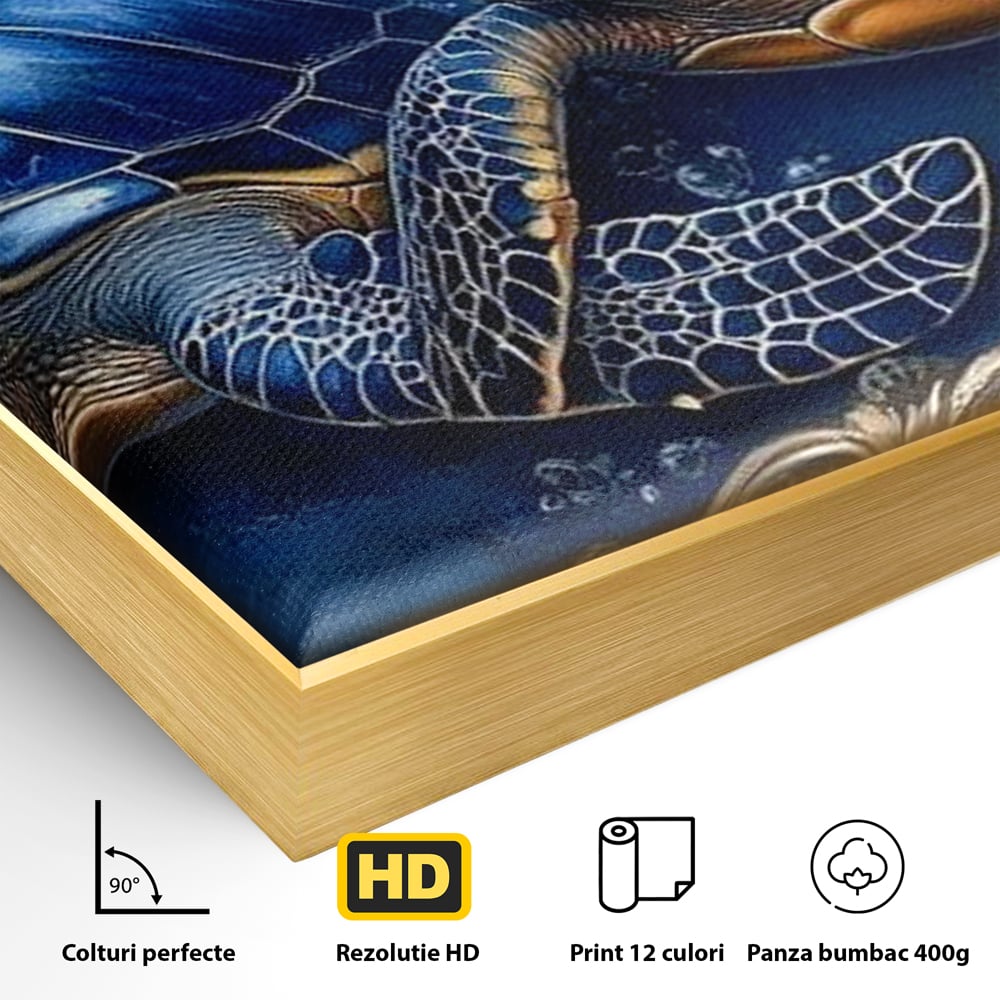 Tablou Canvas Premium, LuxCanva® M1423, Fratia Oceanului, Testoase, Ocean, Albastru, Auriu, Adancuri, Mister, Pereche, Flori, Poveste, Acvatic, Birou, Living, Camera Copil